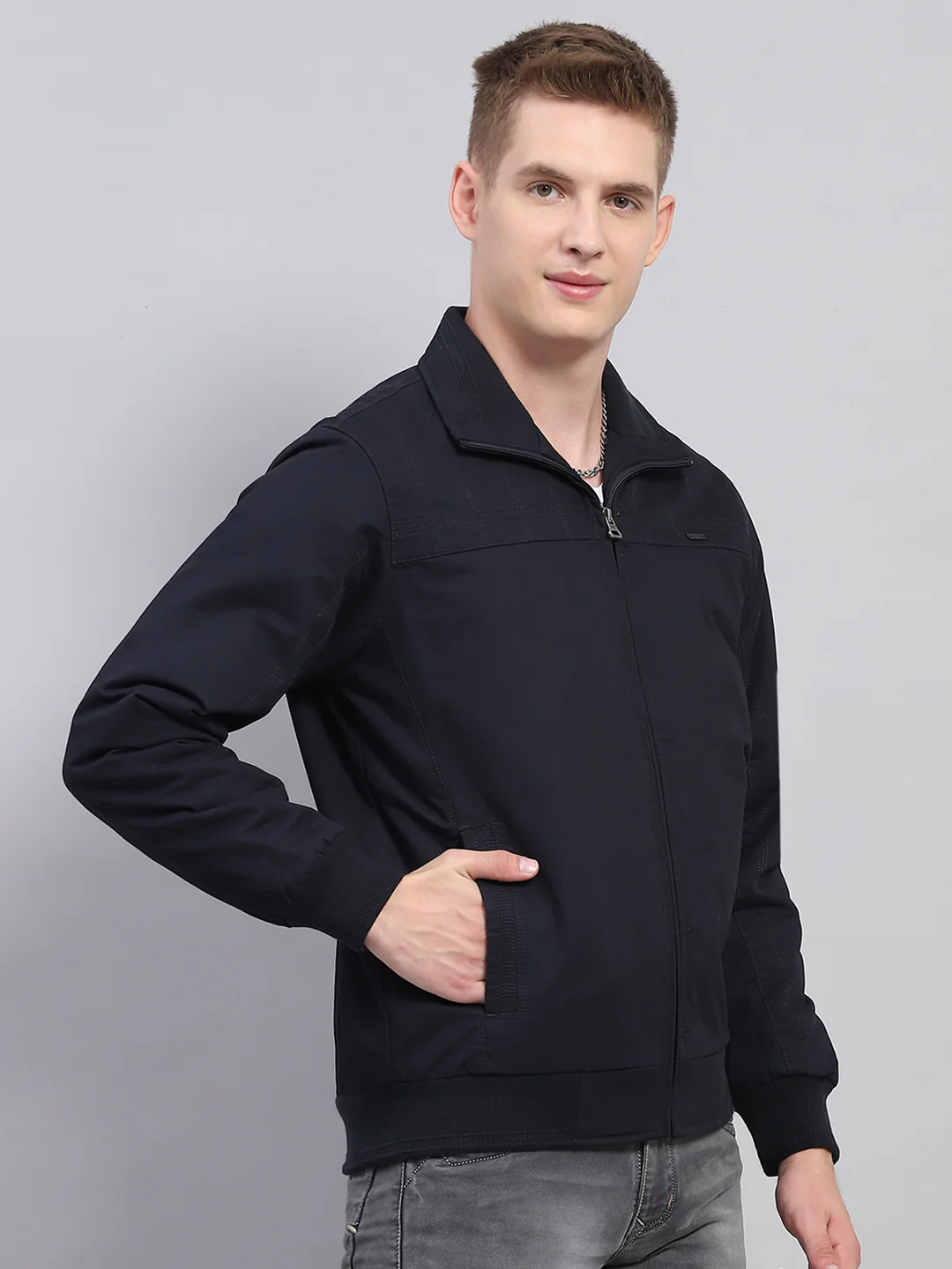 Men Navy Blue Solid Collar Full Sleeve Jacket - Image 4