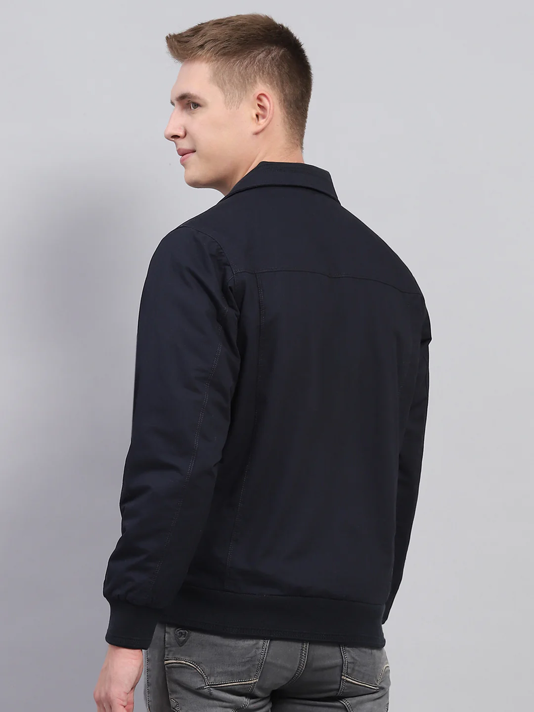 Men Navy Blue Solid Collar Full Sleeve Jacket - Image 5