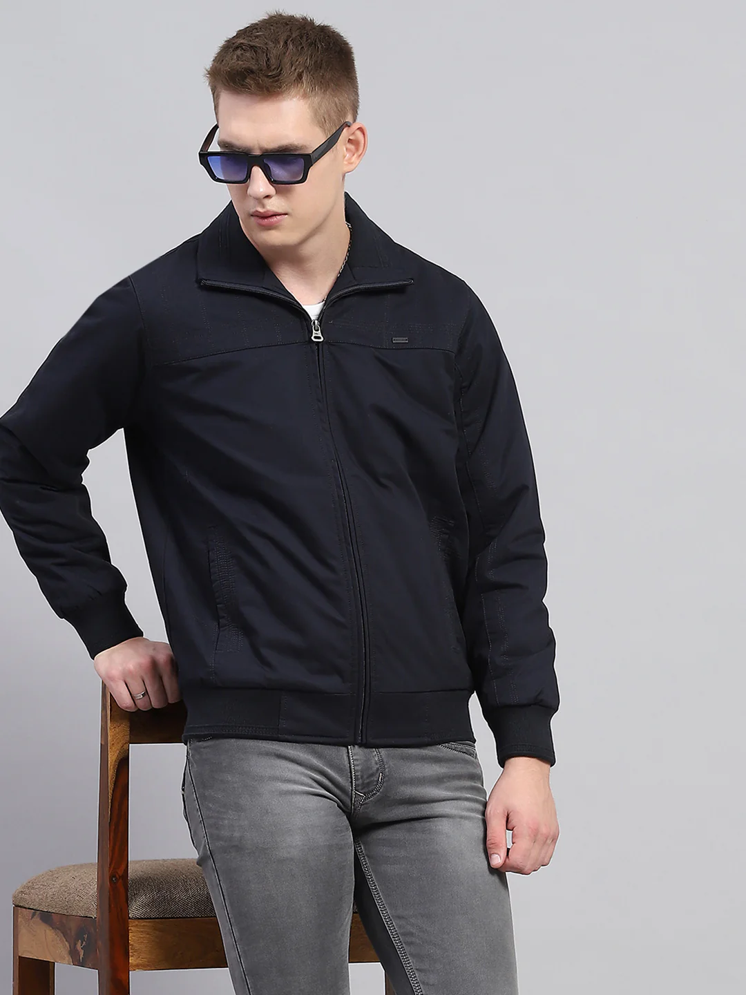 Men Navy Blue Solid Collar Full Sleeve Jacket - Image 6