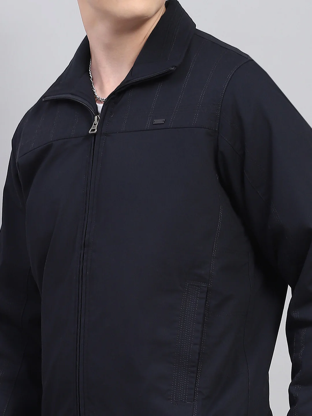 Men Navy Blue Solid Collar Full Sleeve Jacket - Image 7