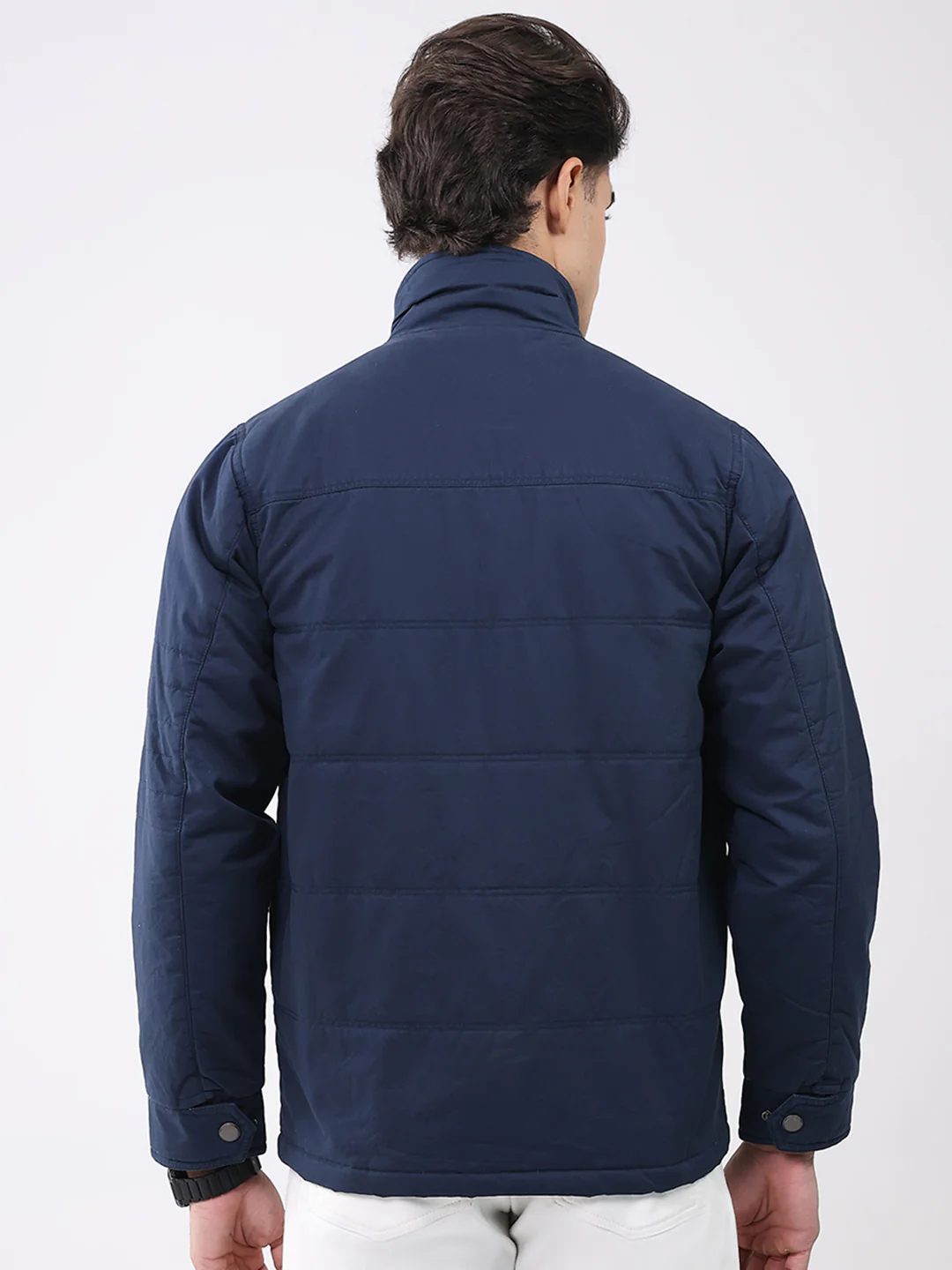 Men Navy Blue Solid Collar Full Sleeve Jacket - Image 5