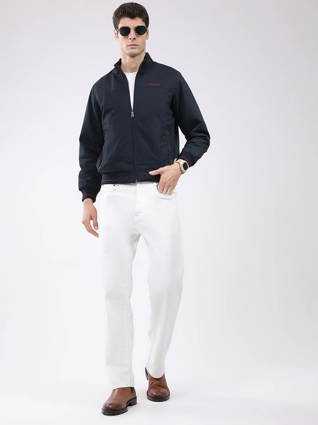 Men Navy Blue Solid Collar Full Sleeve Jacket - Image 2