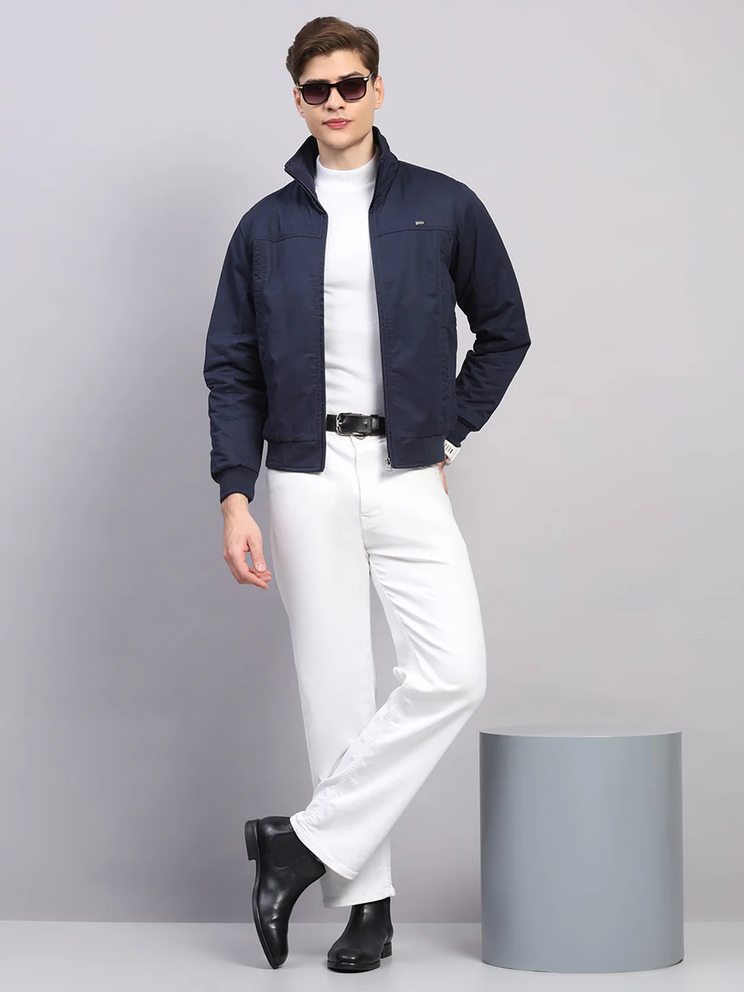 Men Navy Blue Solid Collar Full Sleeve Jacket - Image 2