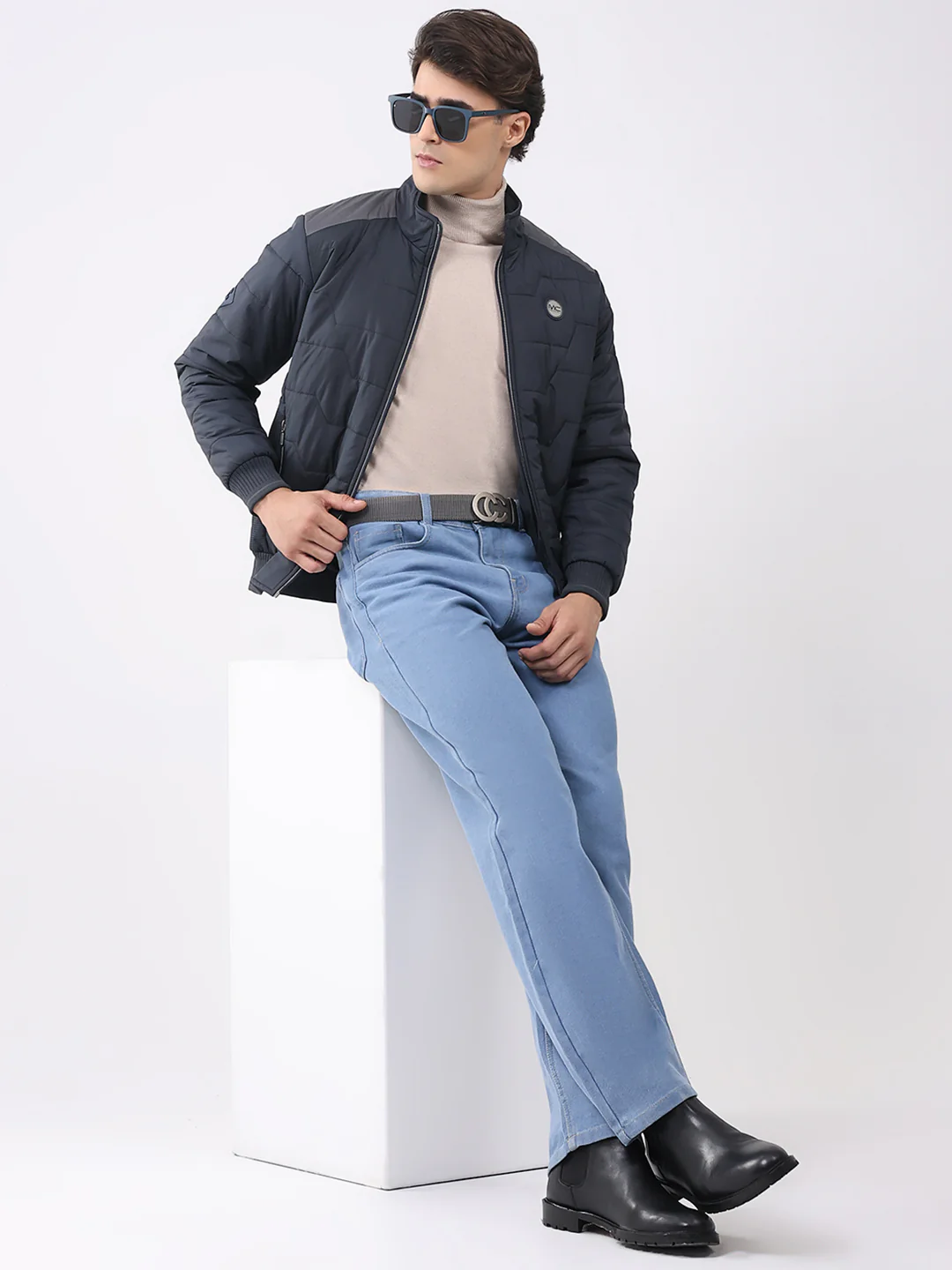 Men Navy Blue Solid Collar Full Sleeve Jacket - Image 2