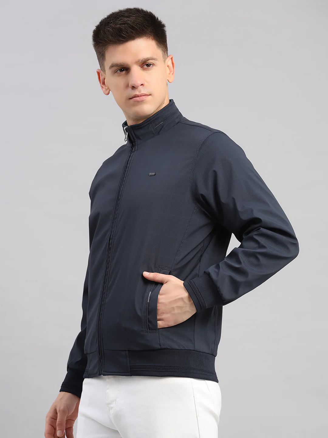 Men Navy Blue Solid Collar Full Sleeve Reversible Jacket - Image 3