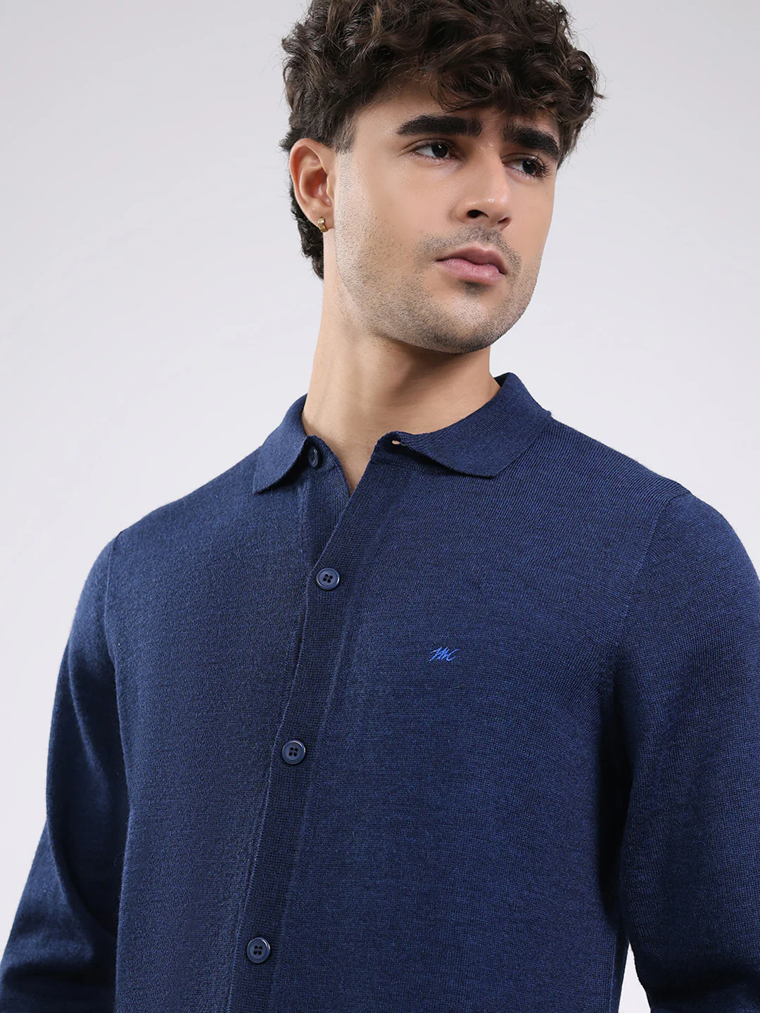 Men Navy Blue Solid Collar Full Sleeve Shirt - Image 6