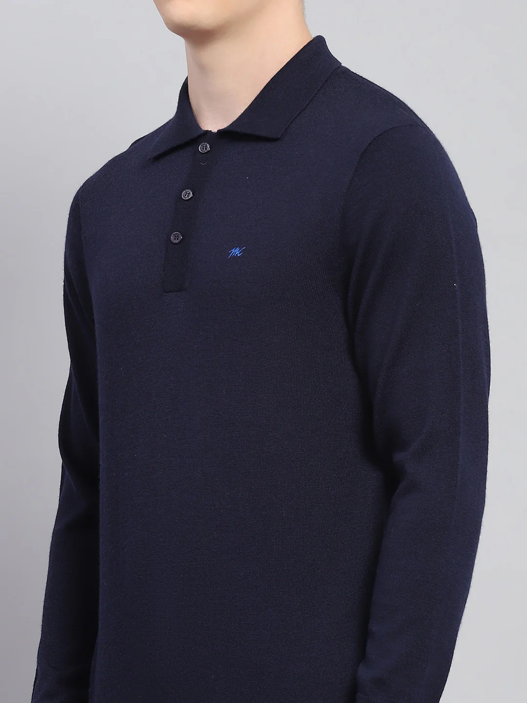 Men Navy Blue Solid Collar Full Sleeve Winter T-Shirt - Image 6