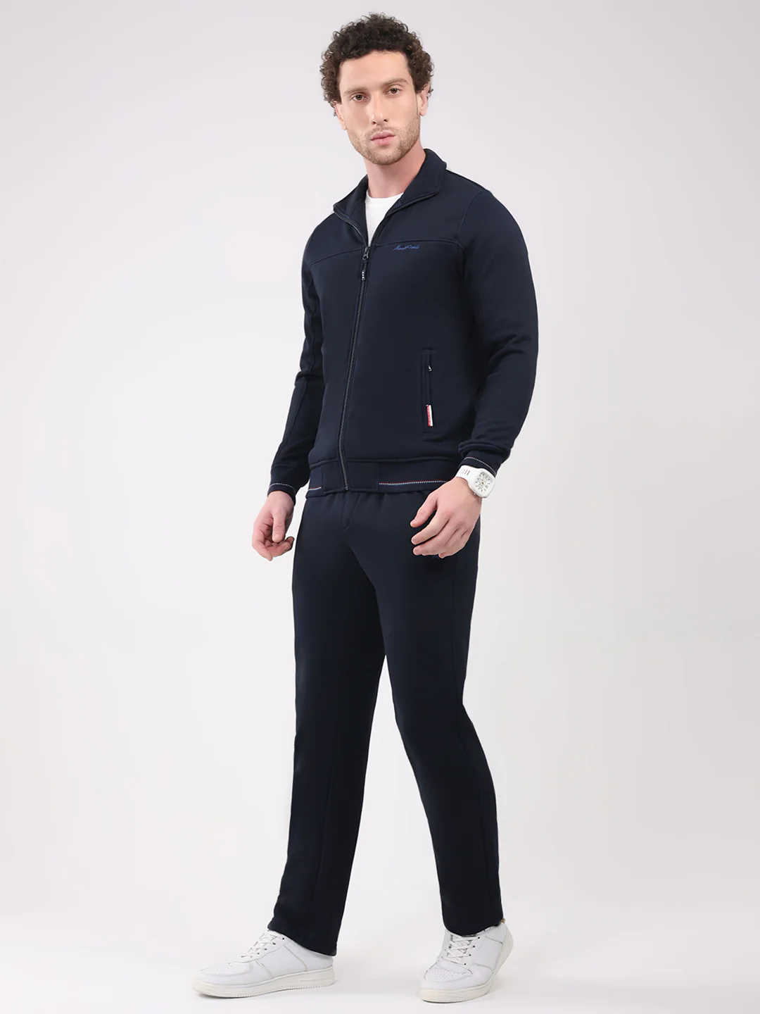Men Navy Blue Solid Collar Full Sleeve Winter Tracksuit - Image 3