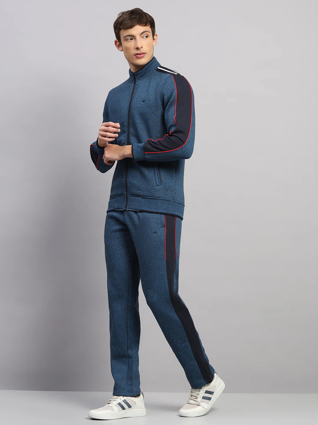 Men Navy Blue Solid Collar Full Sleeve Winter Tracksuit - Image 3