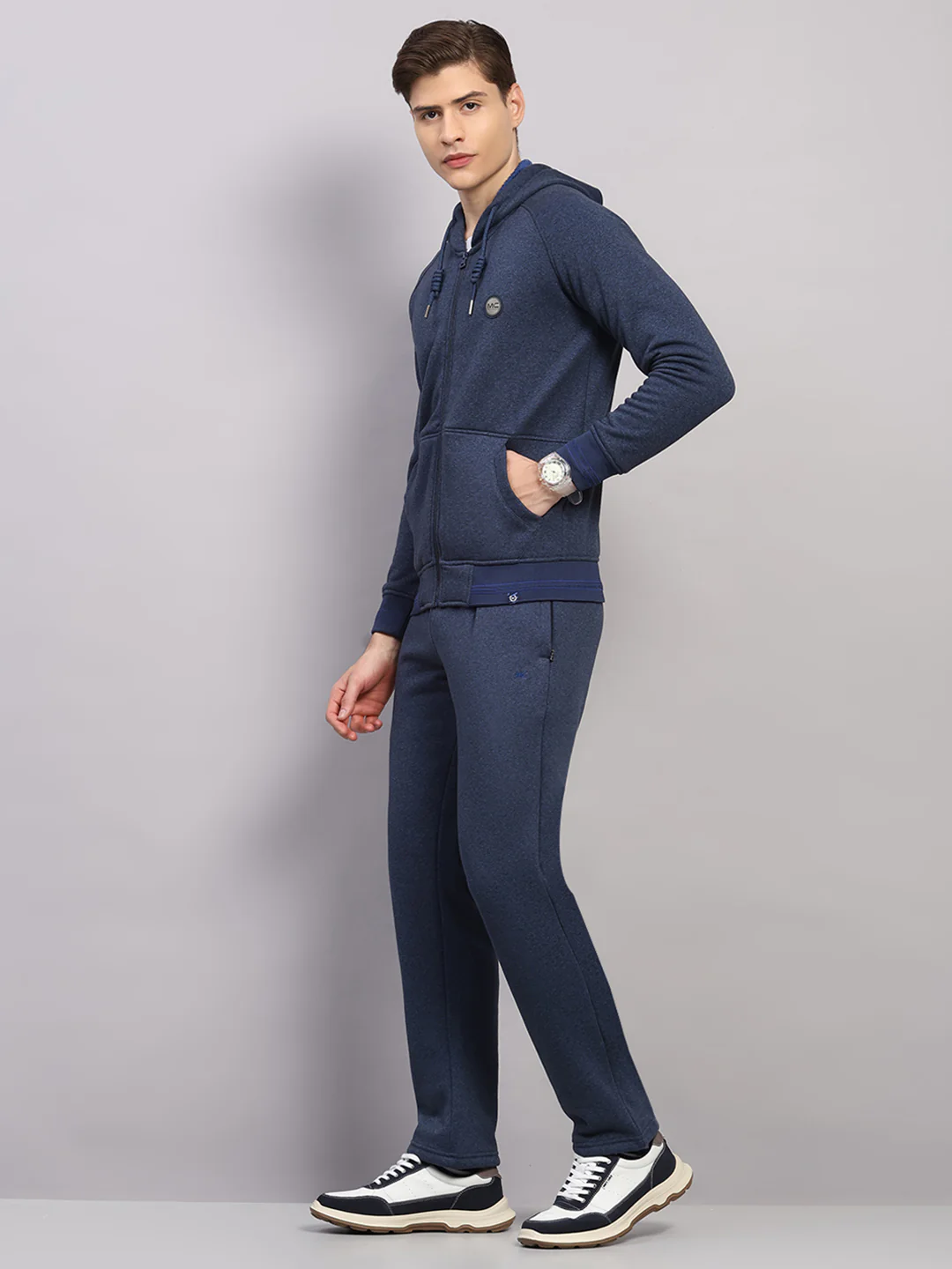 Men Navy Blue Solid Collar Full Sleeve Winter Tracksuit - Image 3