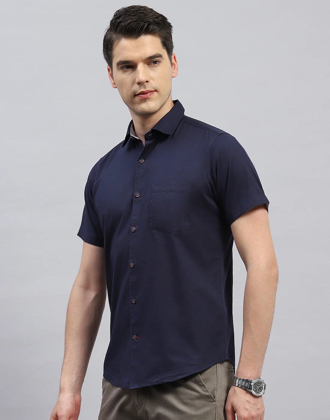 Men Navy Blue Solid Collar Half Sleeve Shirt - Image 3