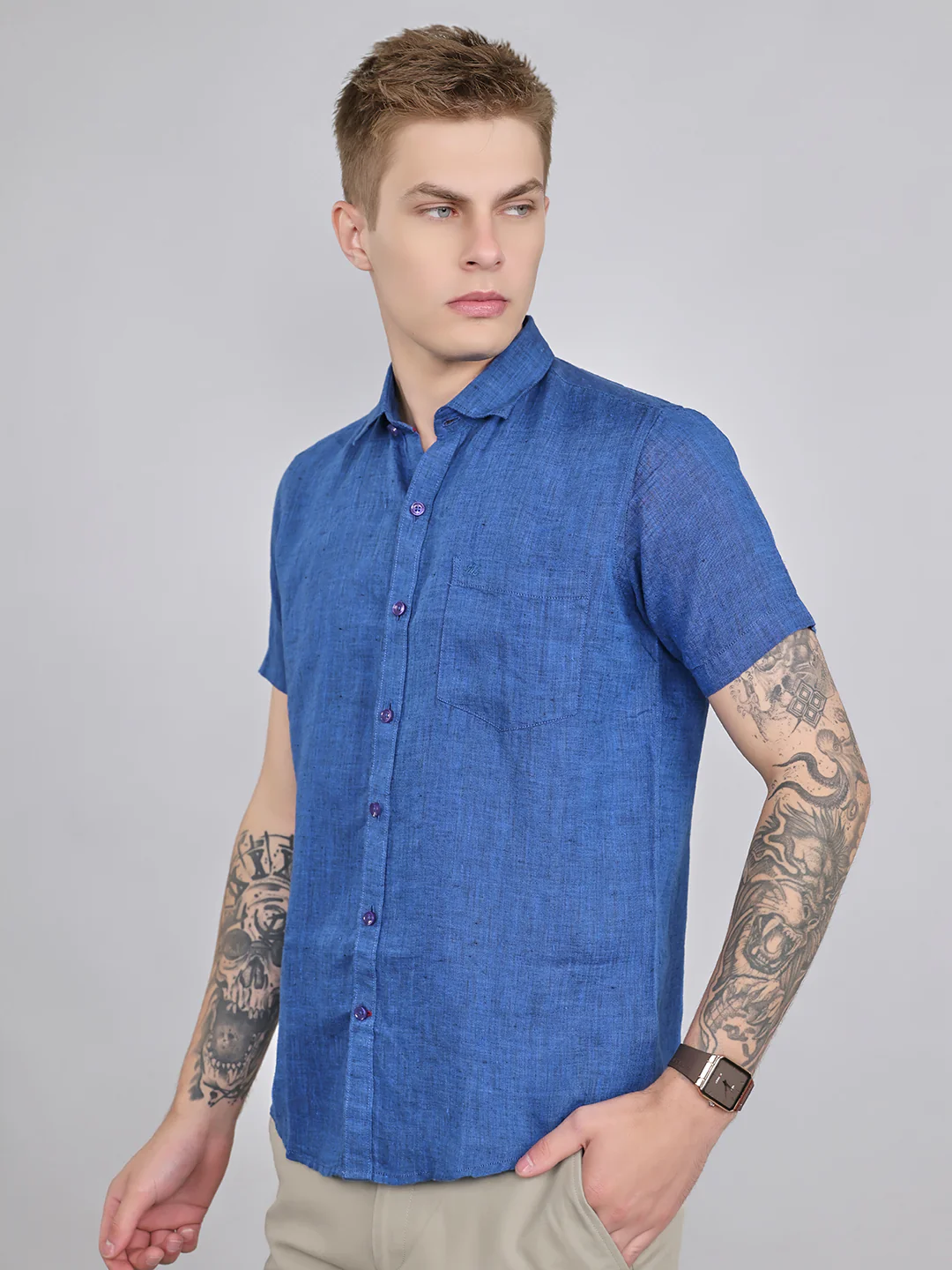 Men Navy Blue Solid Collar Half Sleeve Shirt - Image 2