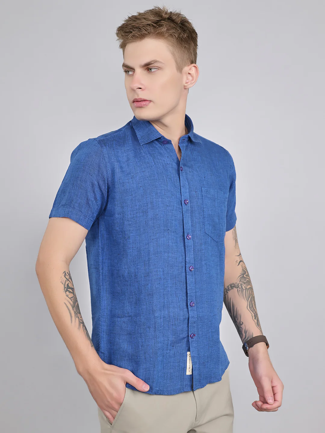 Men Navy Blue Solid Collar Half Sleeve Shirt - Image 3