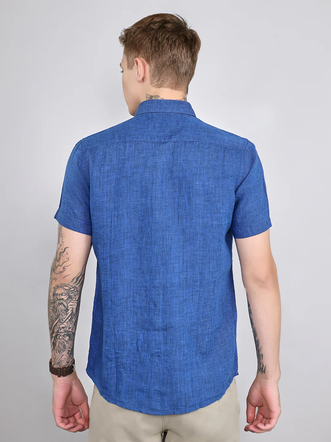 Men Navy Blue Solid Collar Half Sleeve Shirt - Image 5