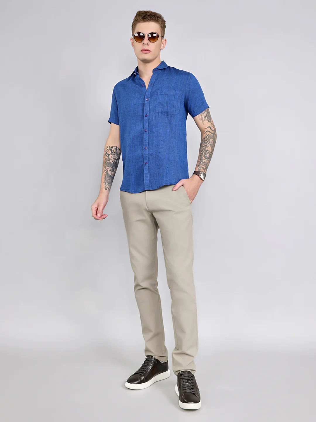 Men Navy Blue Solid Collar Half Sleeve Shirt - Image 7