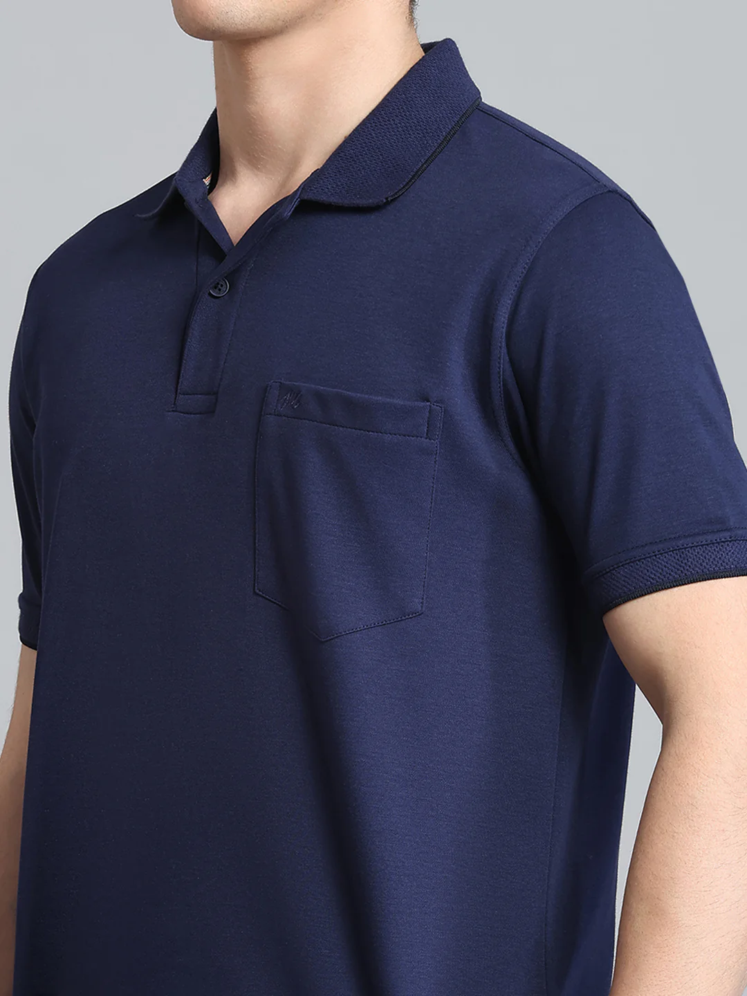 Men Navy Blue Solid Collar Half Sleeve T-Shirt - Image 6