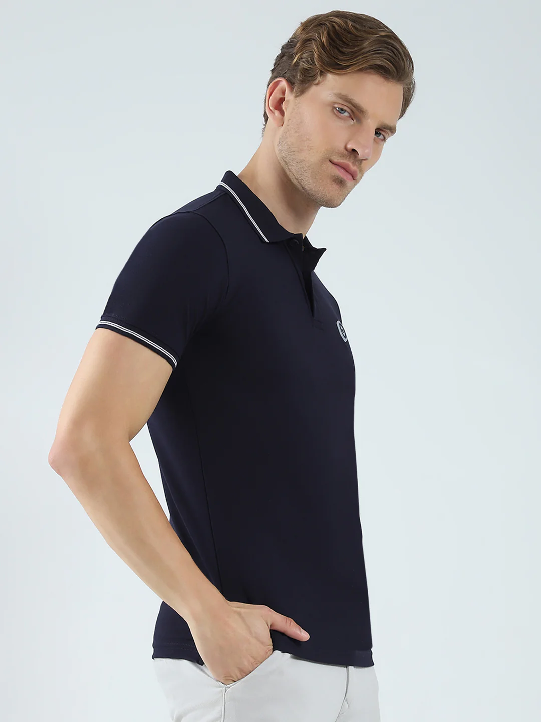 Men Navy Blue Solid Collar Half Sleeve T-Shirt - Image 4