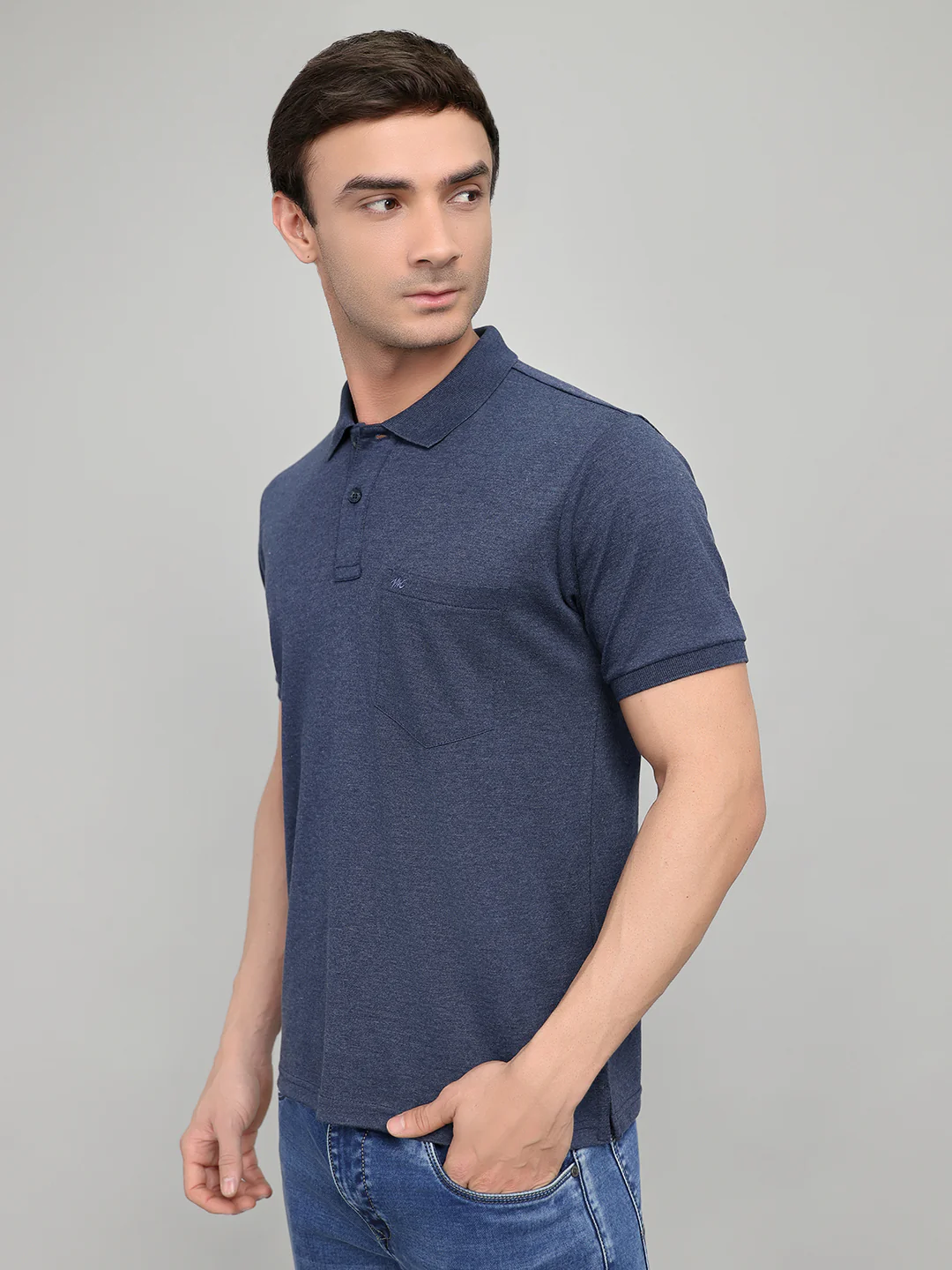 Men Navy Blue Solid Collar Half Sleeve T-Shirt - Image 2