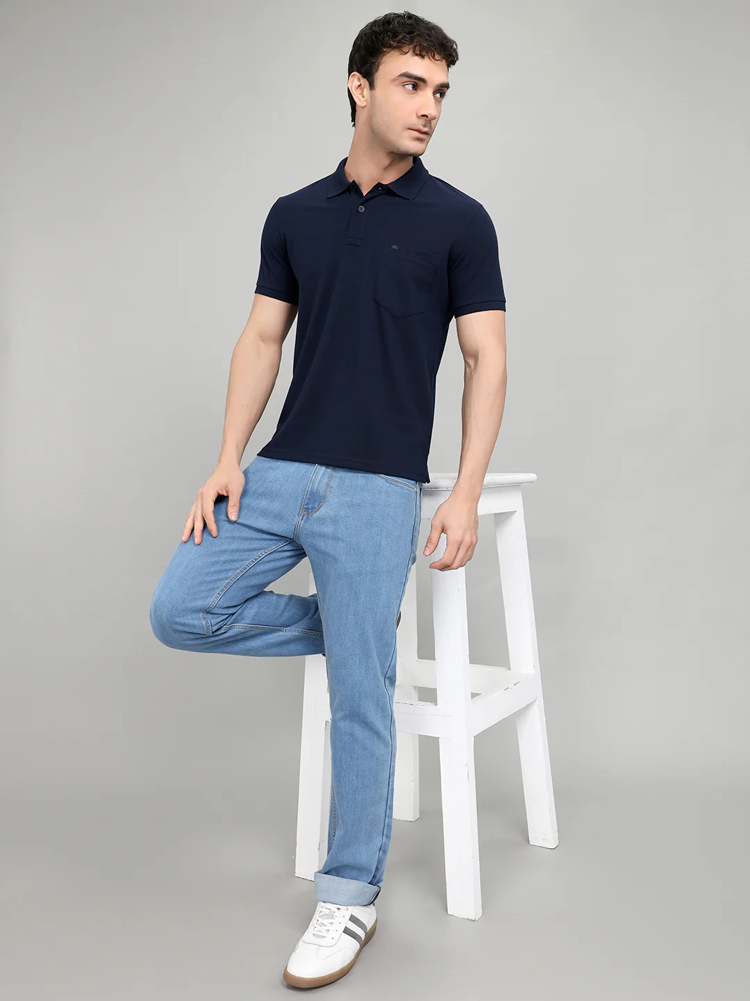 Men Navy Blue Solid Collar Half Sleeve T-Shirt - Image 6