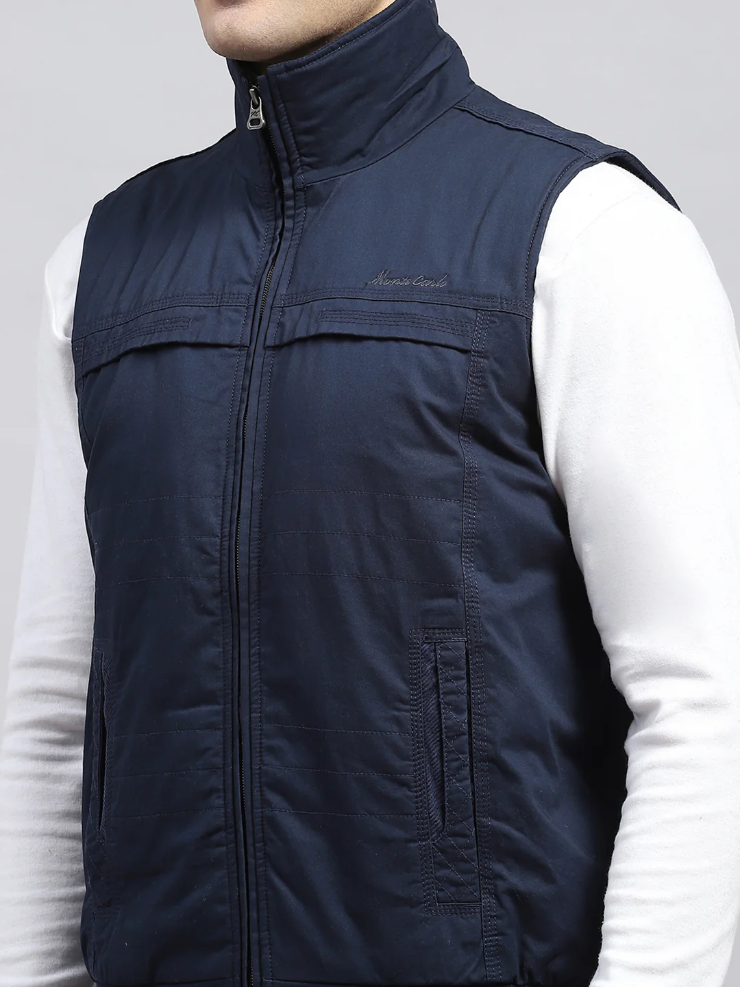 Men Navy Blue Solid Collar Sleeveless Jacket - Image 6