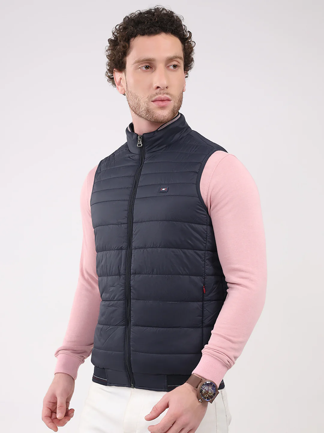 Men Navy Blue Solid Collar Sleeveless Jacket - Image 3