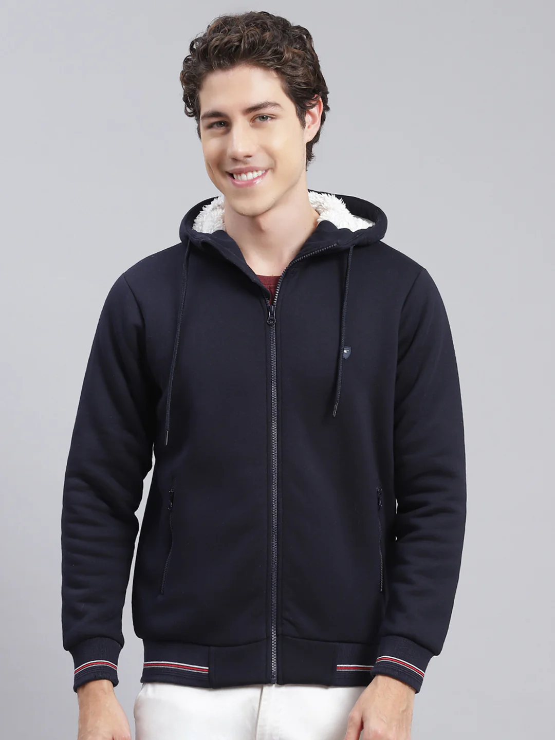 Men Navy Blue Solid Cotton Blend Sweatshirt - Image 2