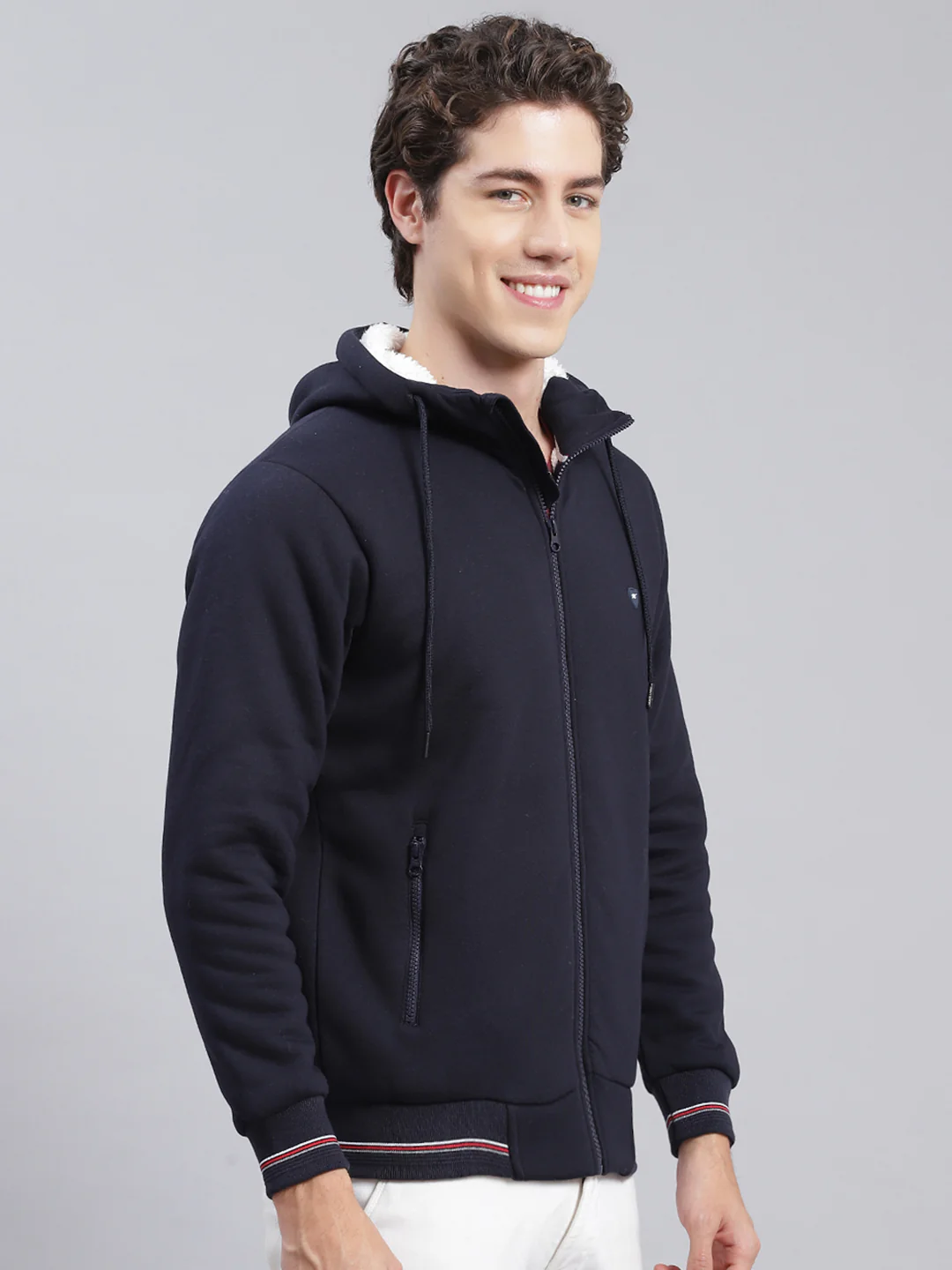 Men Navy Blue Solid Cotton Blend Sweatshirt - Image 3