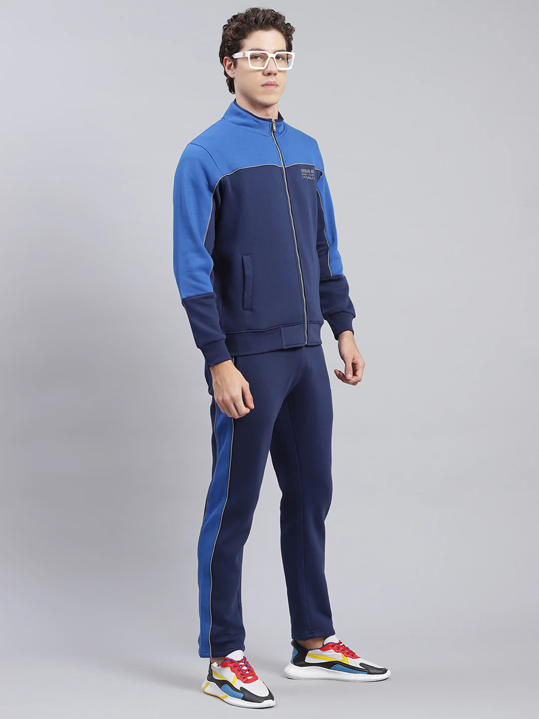 Men Navy Blue Solid Cotton Blend Track Suit - Image 3