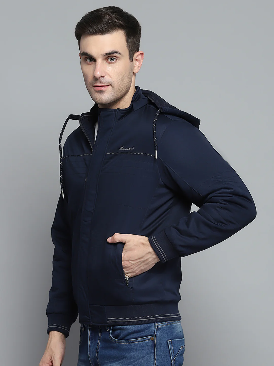 Men Navy Blue Solid Detachable Hood Full Sleeve Jacket - Image 3