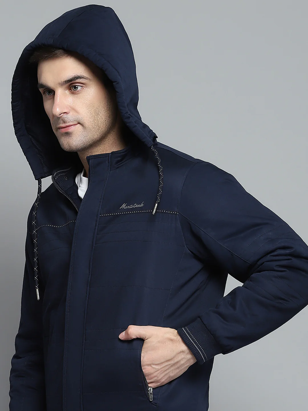 Men Navy Blue Solid Detachable Hood Full Sleeve Jacket - Image 7