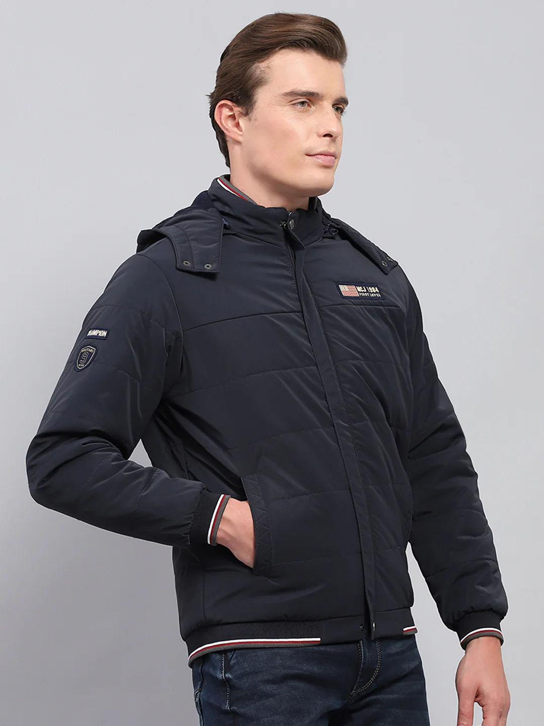 Men Navy Blue Solid Detachable Hood Full Sleeve Jacket - Image 4