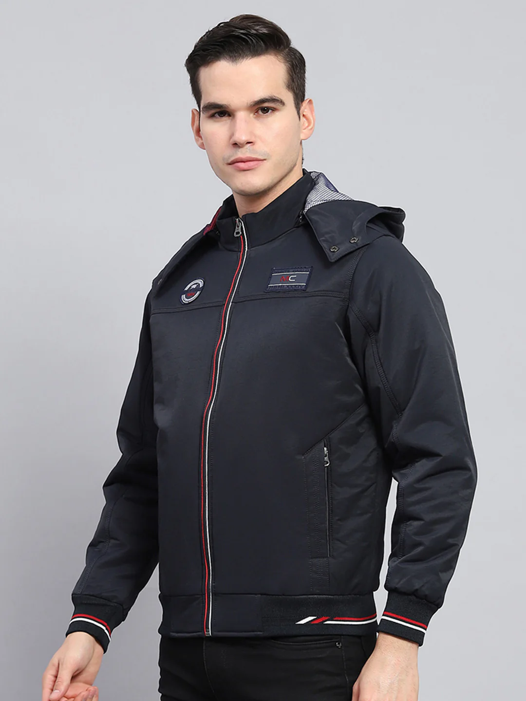 Men Navy Blue Solid Detachable Hood Full Sleeve Jacket - Image 3