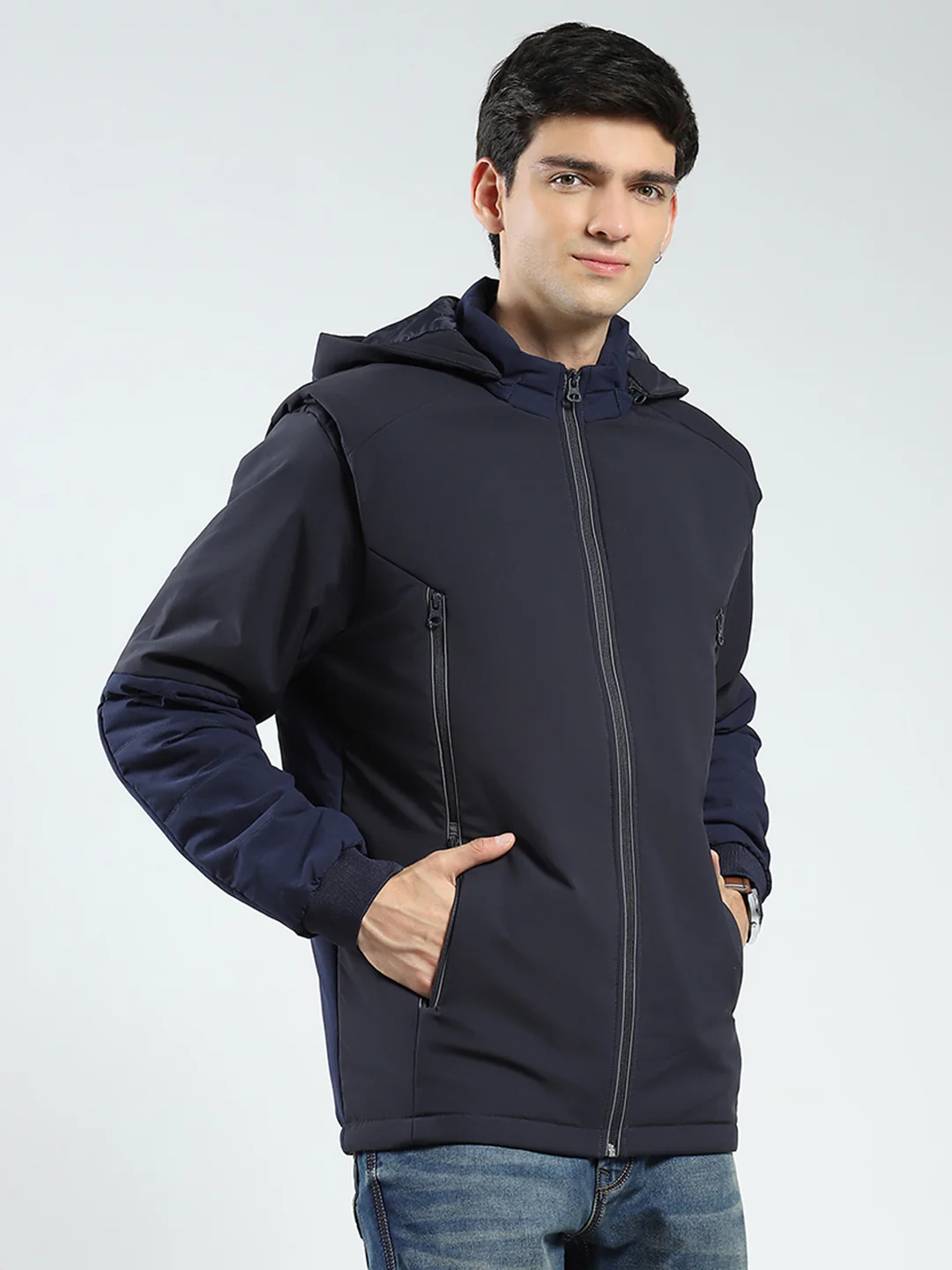 Men Navy Blue Solid Detachable Hood Full Sleeve Jacket - Image 4