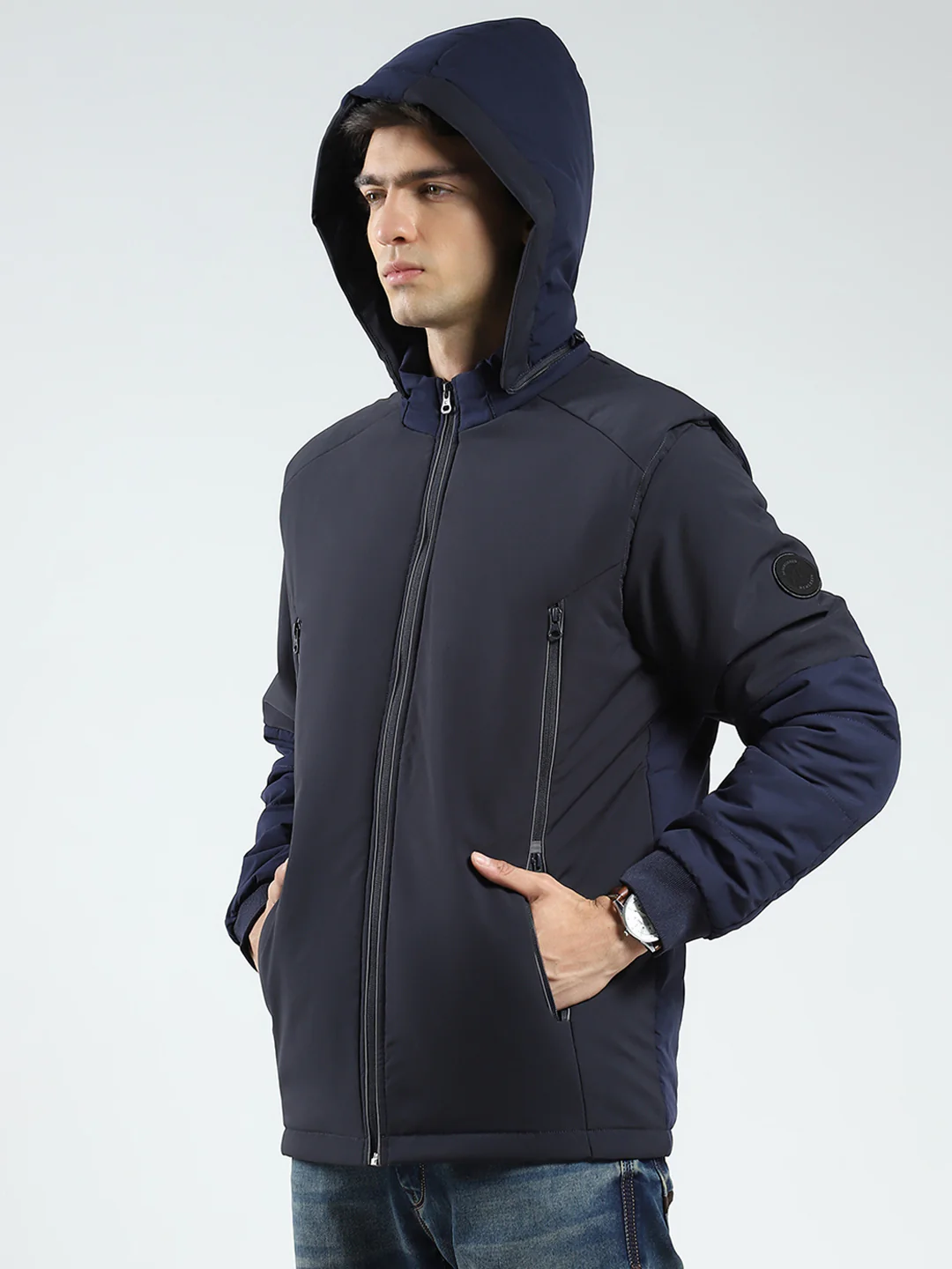 Men Navy Blue Solid Detachable Hood Full Sleeve Jacket - Image 6