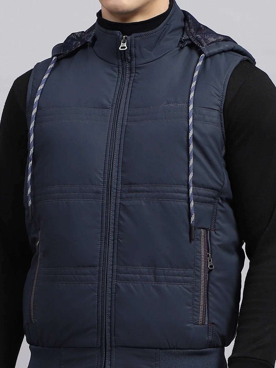 Men Navy Blue Solid Detachable Hood Sleeveless Jacket - Image 8
