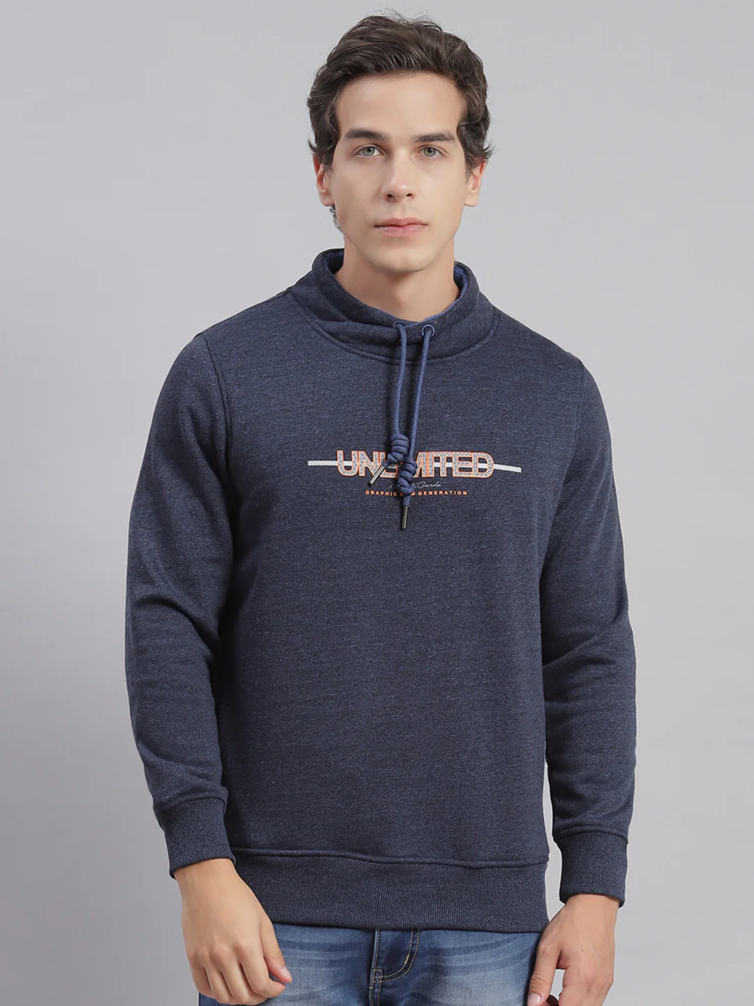 Men Navy Blue Solid F Neck Full Sleeve Sweatshirts - Image 2