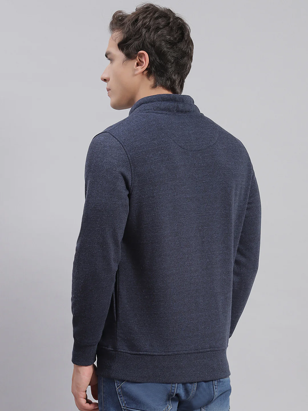 Men Navy Blue Solid F Neck Full Sleeve Sweatshirts - Image 5