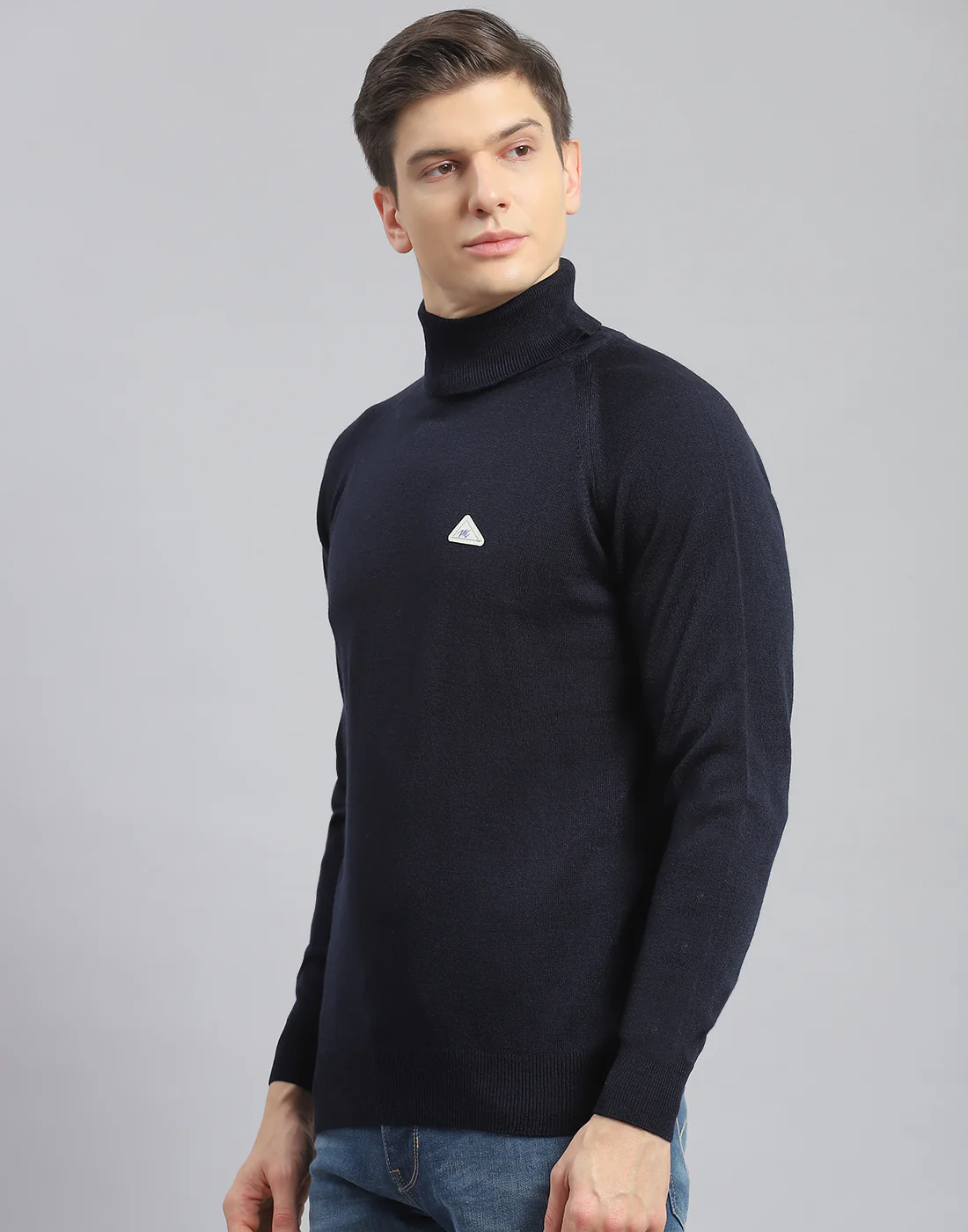 Men Navy Blue Solid High Neck Full Sleeve Pullover - Image 3