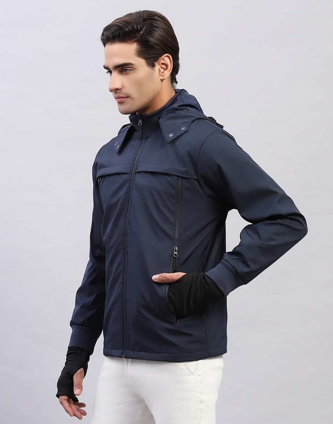 Men Navy Blue Solid Hooded Full Sleeve Jacket - Image 3