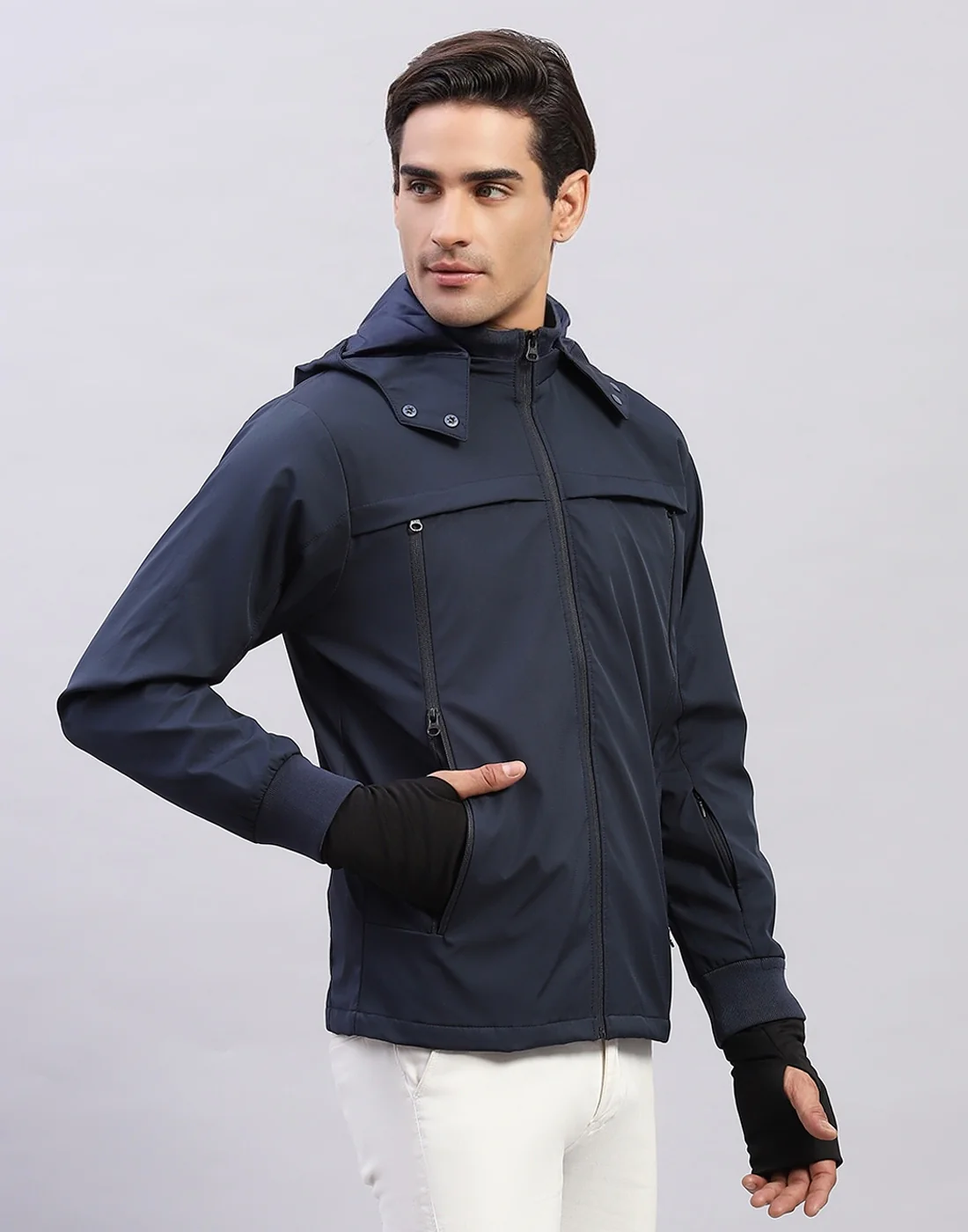 Men Navy Blue Solid Hooded Full Sleeve Jacket - Image 4