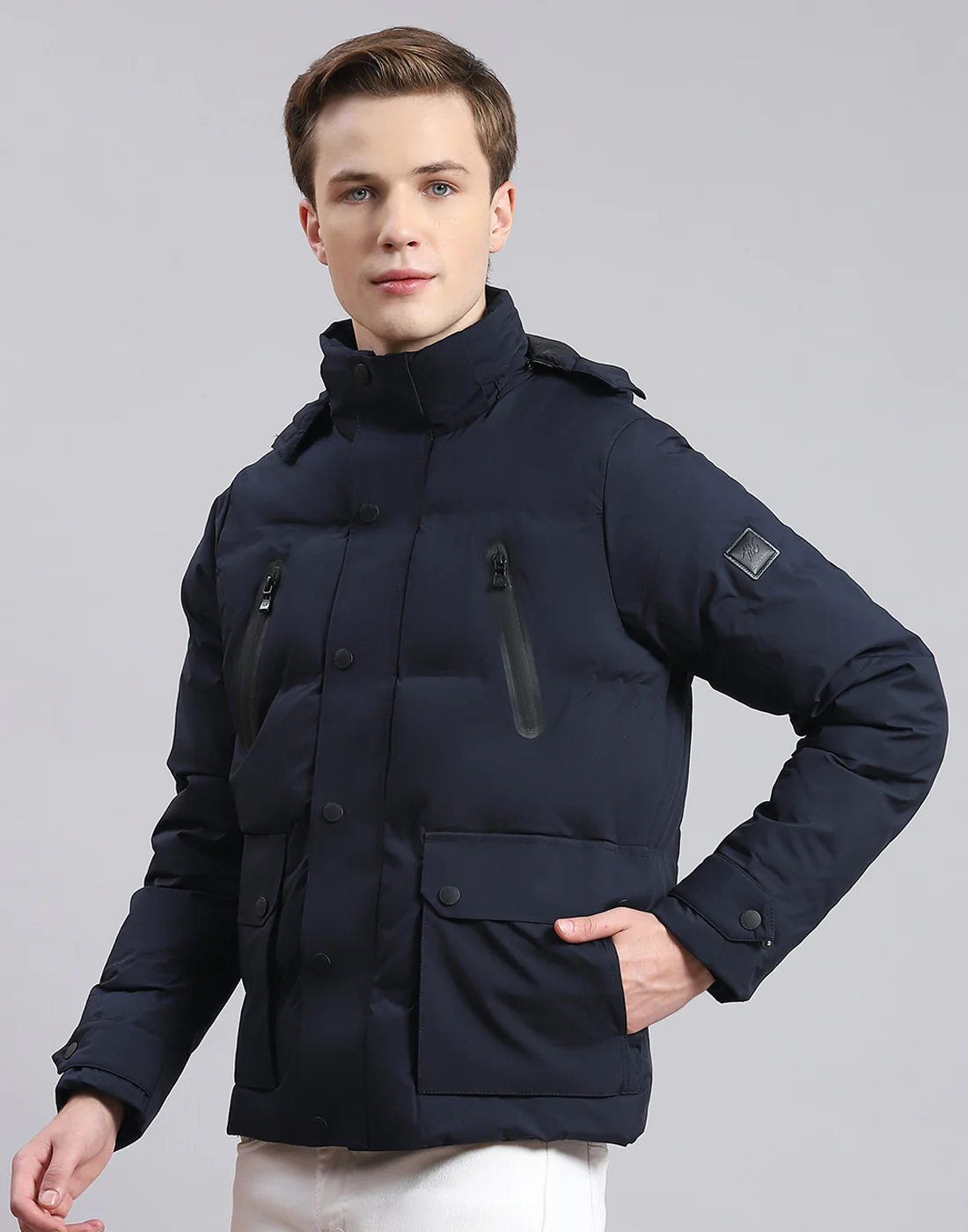 Men Navy Blue Solid Hooded Full Sleeve Jacket - Image 3