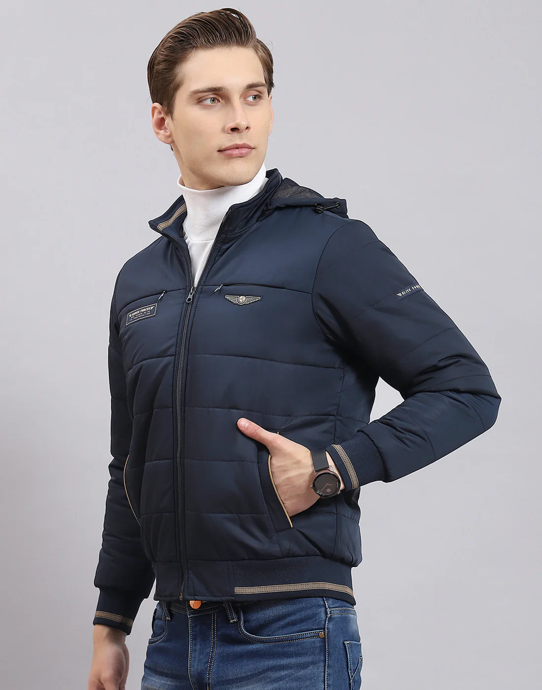 Men Navy Blue Solid Hooded Full Sleeve Jacket - Image 4