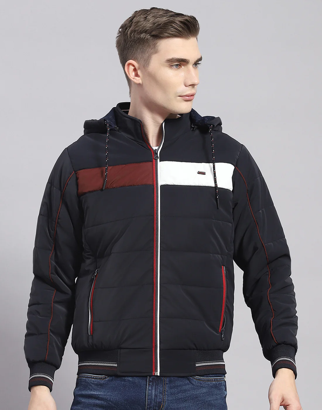Men Navy Blue Solid Hooded Full Sleeve Jacket - Image 2