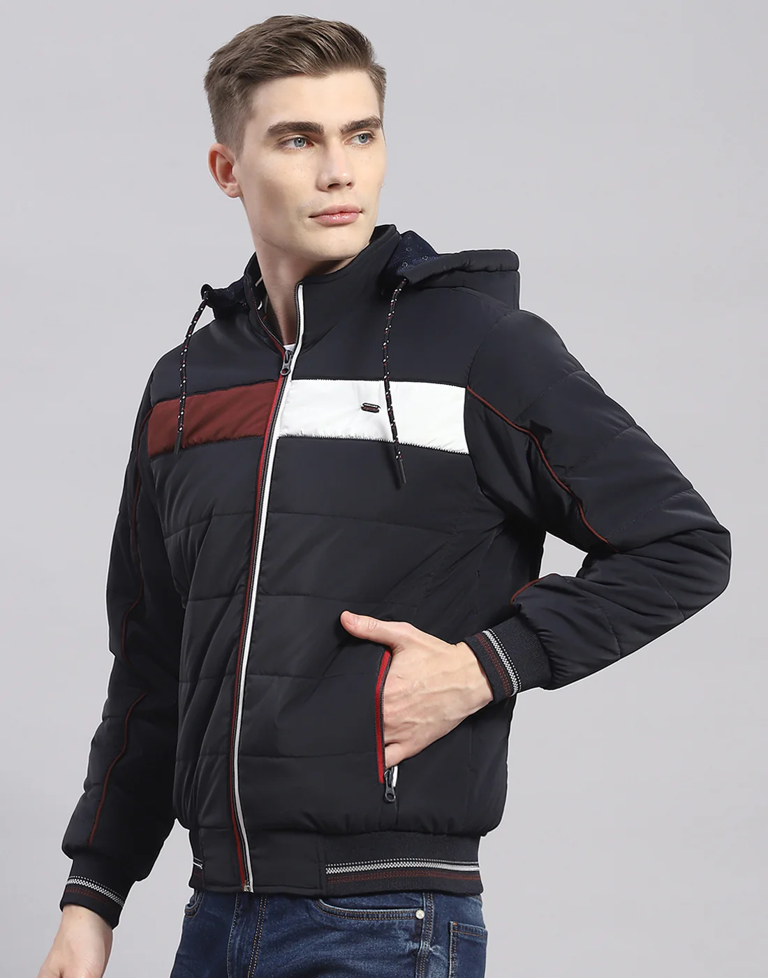 Men Navy Blue Solid Hooded Full Sleeve Jacket - Image 3