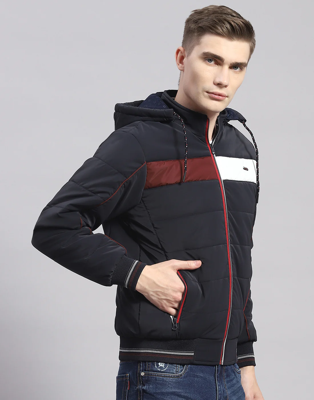 Men Navy Blue Solid Hooded Full Sleeve Jacket - Image 4