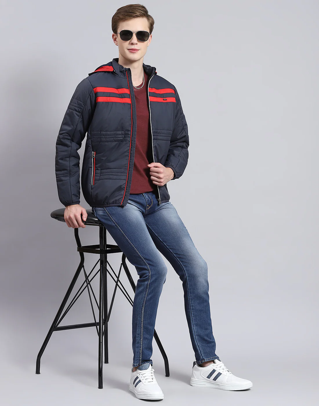 Men Navy Blue Solid Hooded Full Sleeve Jacket - Image 2