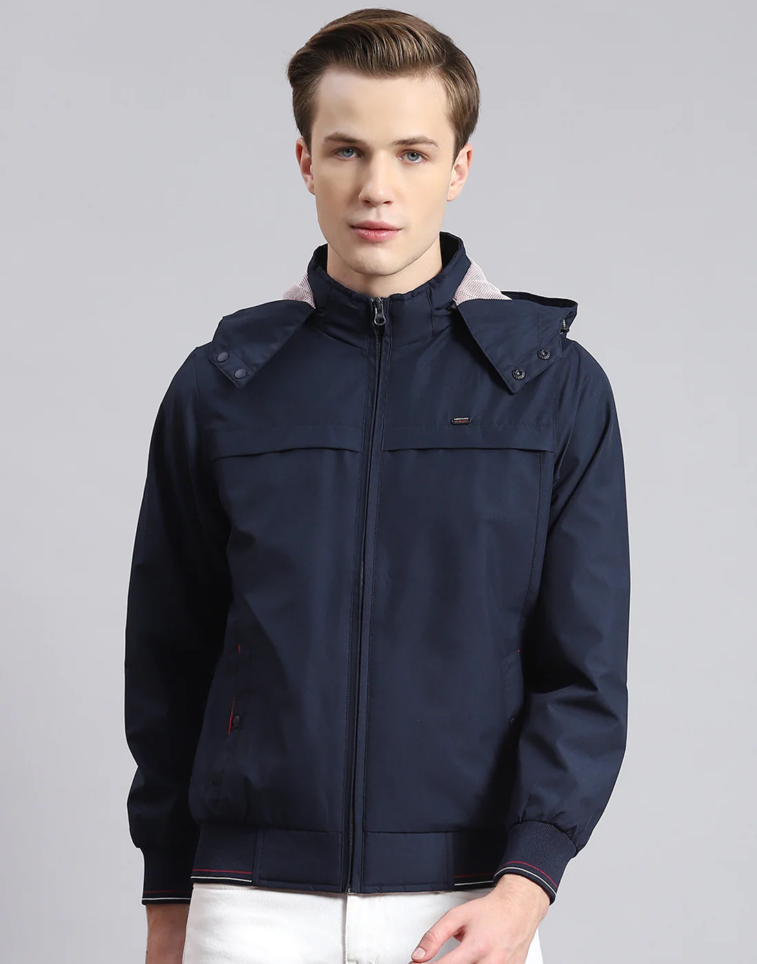 Men Navy Blue Solid Hooded Full Sleeve Jacket - Image 2