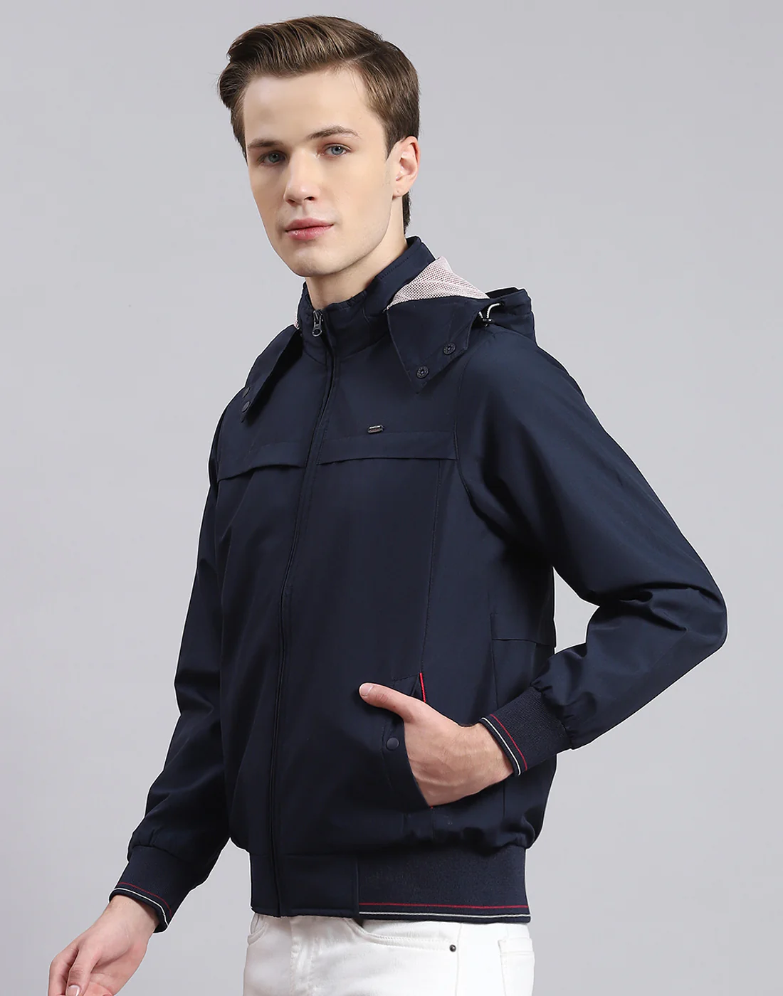 Men Navy Blue Solid Hooded Full Sleeve Jacket - Image 3