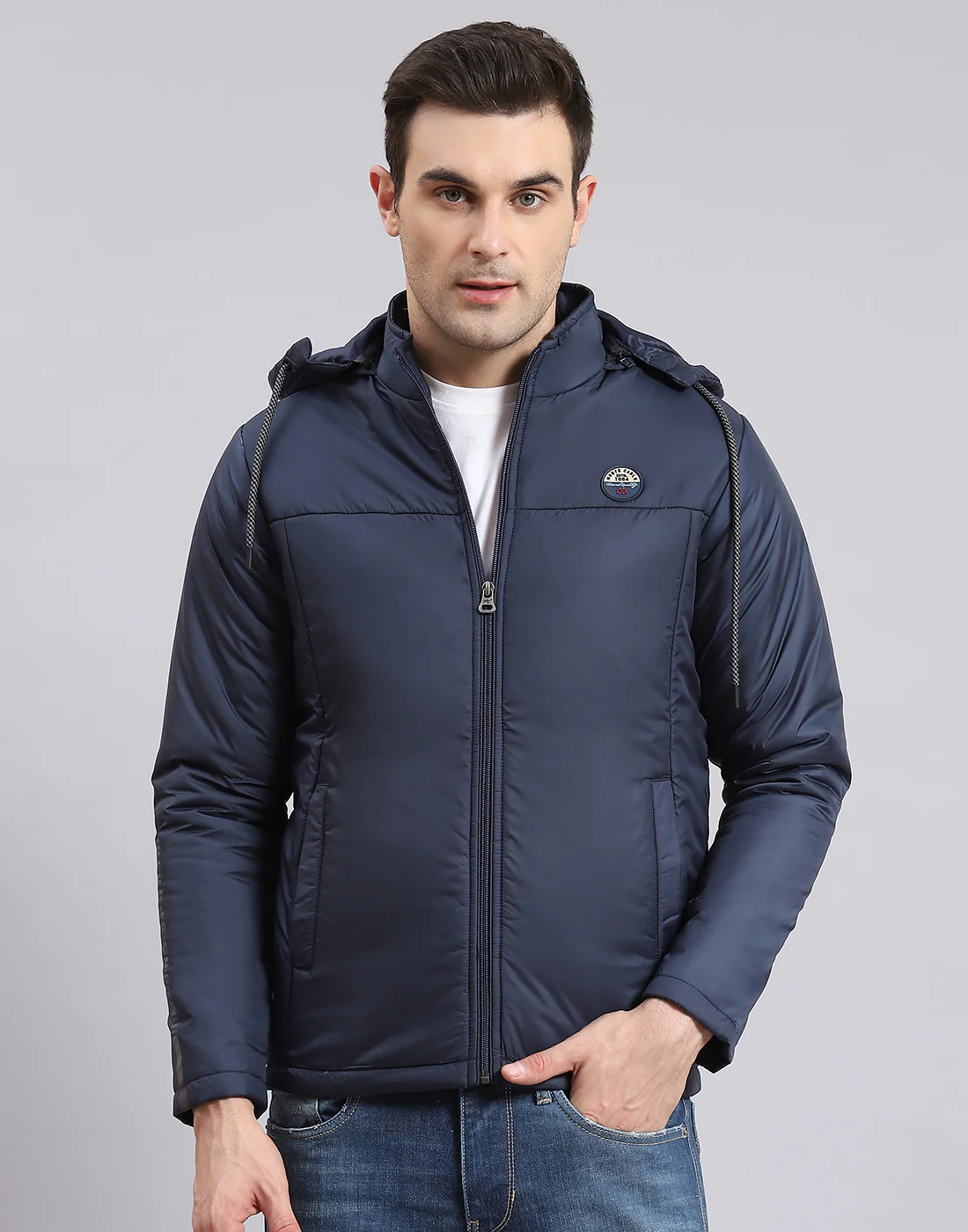 Men Navy Blue Solid Hooded Full Sleeve Jacket - Image 2