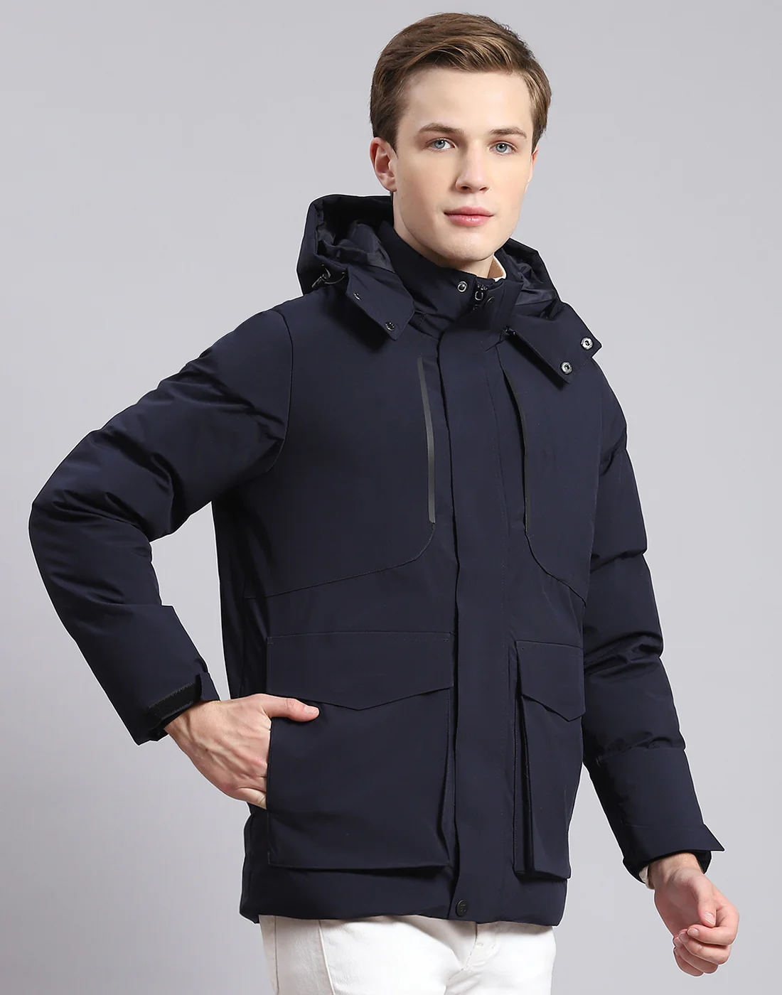 Men Navy Blue Solid Hooded Full Sleeve Jacket - Image 4